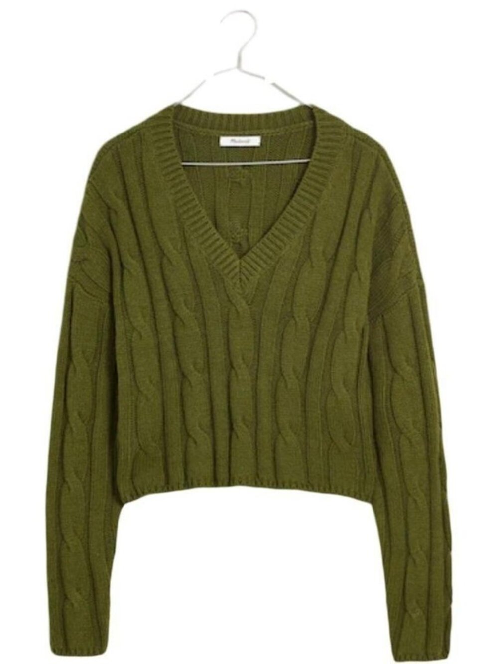 Madewell Preppy Cable-Knit V-Neck Cropped Sweater Olive Green Size M NWT